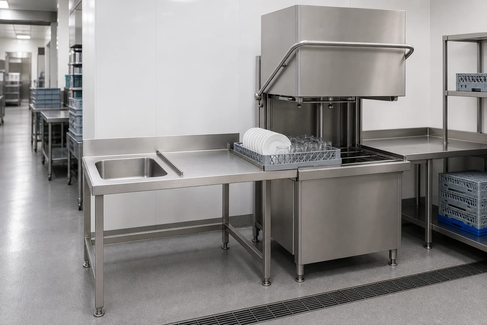 Stainless steel inlet table and open hood dishwasher in a typical central kitchen washing zone