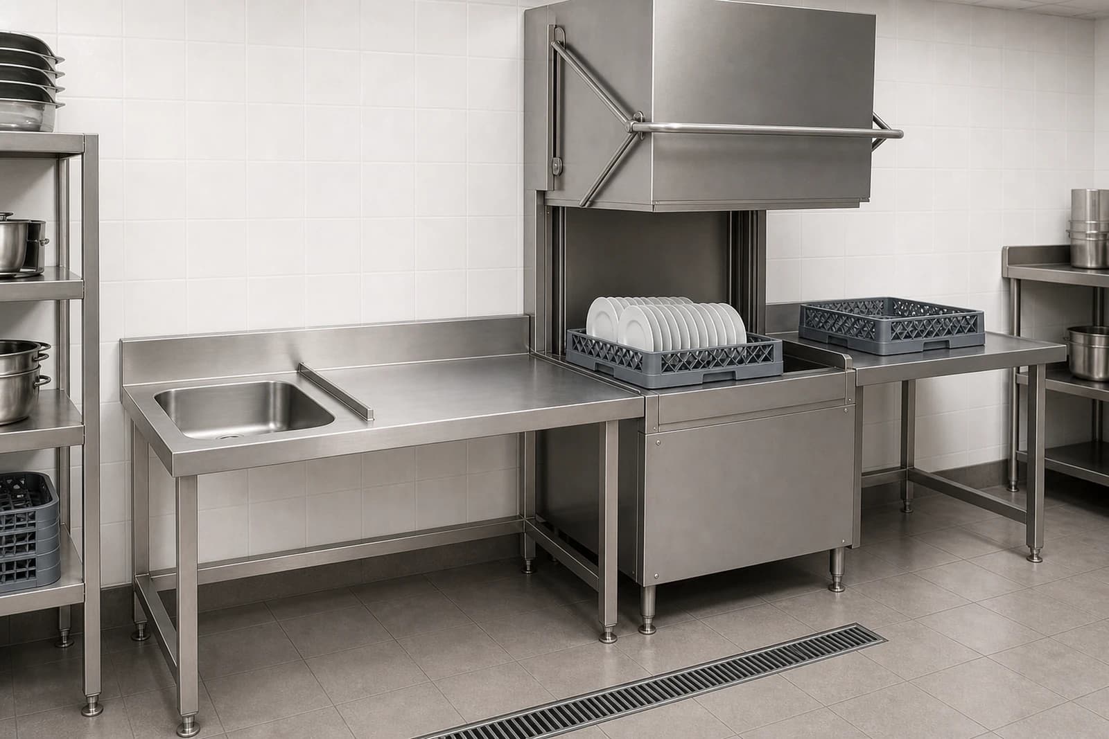 Commercial dishwasher inlet table with a raised hood dishwasher in a typical hotel back-of-house dishroom