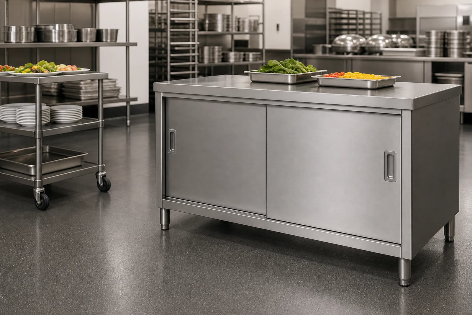 Stainless steel sliding door base cabinet in a hotel back-of-house kitchen